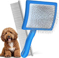 Long Pin Slicker Brush for Doodles & Poodles - 25mm Extra Long Pins Dog Brush with Stainless Steel Cleaning Comb, Solid Beech Wood Dematting Brush for Thick, Curly & Double Coats,Blue