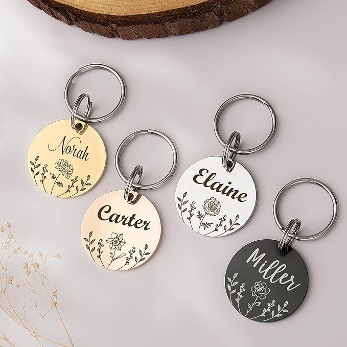 Anavia Floral Pet ID Tags, Birth Month Flowers Theme Dog Tag Round Bone Shape Cat Name Tag, Glossy Stainless Steel Gold Plated Dog Collar Tag (Round - Flower Field - Black, Small)