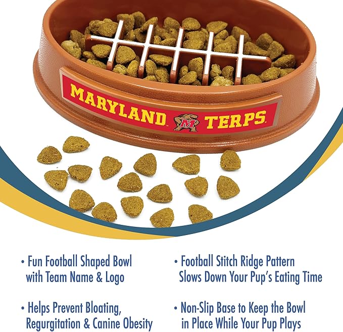 NCAA Super-Bowl Slow Feeder Dog Bowl. Football Design Slow Feeding Cat Bowl for Healthy Digestion. Non-Slip Pet Bowl for Large & Small Dogs & Cats (Maryland Terrapins)