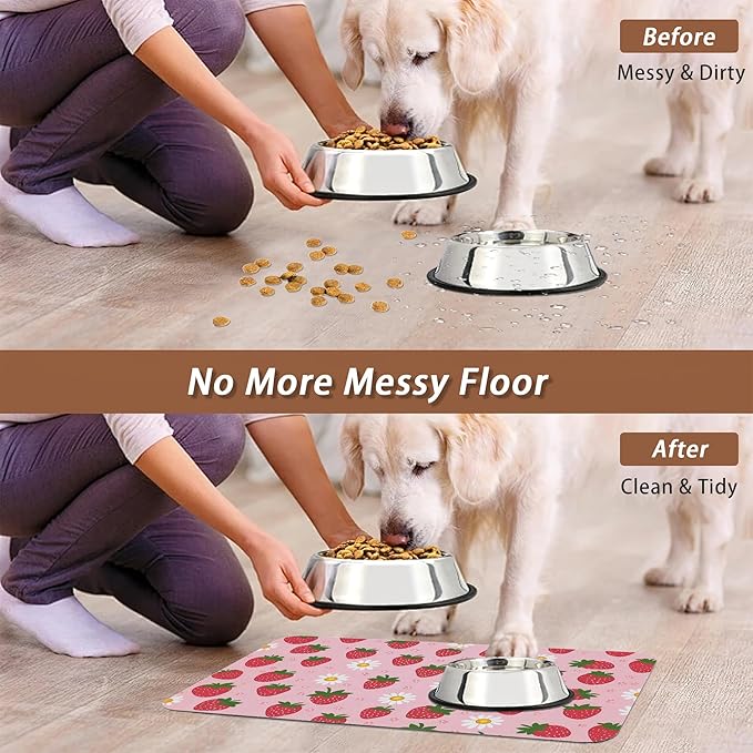 Cute Strawberry Flower Dog Cat Food Mat,Pink Absorbent Pet Feeding Mat with Rubber Backing,Non-Slip Water Bowl Placemat,Indoor Pet Accessories Supplies 16"x24"