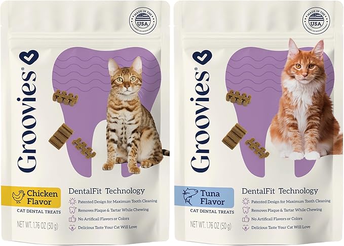 Groovies Cat Daily Dental Treats. Tasty, Crunchy Bites Cats Love. Powered by USA-Patented DentalFit Tech. No Gluten or Artificial Flavors or Colors. 1.76oz Each bag - (2 pack) of (1)Chicken & (1)Tuna