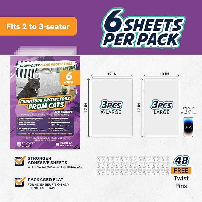 6 Pack Cat Scratch Furniture Protector Sheets – Clear Couch & Sofa Guard from Cat Claws – Easy Apply, Removable, with Twist Pins (3 XL + 3 Large)