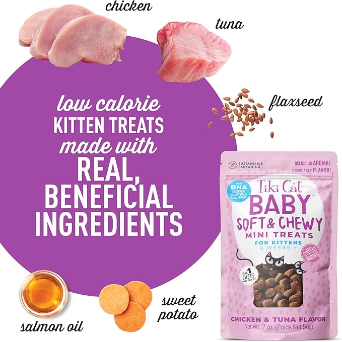 Tiki Cat Baby Soft & Chewy, Chicken Flavored, Low-Calorie, Mini Treats for Kittens 6 Weeks+, 2 oz. Pouch, Pack of 1