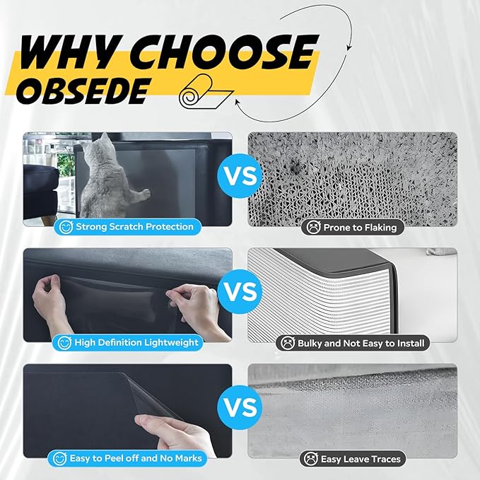 OBSEDE Cat Scratch Furniture Protector - Couch Protector from Cat Claws Plastic Cover Adhesive Clear Flexible Sofa Guard Single Side Sticky Deterrent Training Tape Easy to Apply, 11.8 × 196.8 in