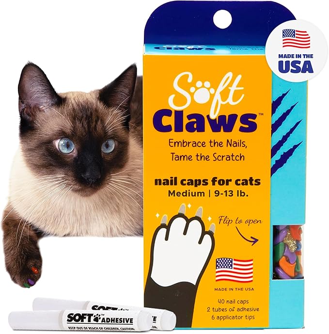 Soft Claws Nail Caps for Medium Cats – (40 Caps, Pride) - Made in USA - Veterinarian-Developed | Protects Furniture & Skin - Easy to Apply, Long-Lasting Anti-Scratch Soft Cat Claw Covers