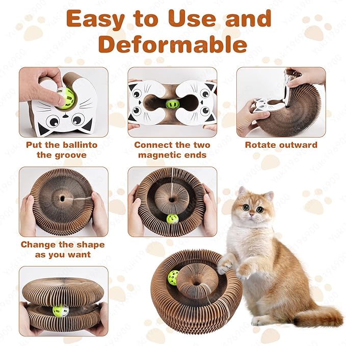 Kitty Curls Cat Toys Magic Organ Cat Scratcher Pad, Interactive Cat Toys for Indoor Cats with Compact Accordion Design and Bell Ball, Helps Relieve Anxiety, Boost Claw Health, Protect Furniture