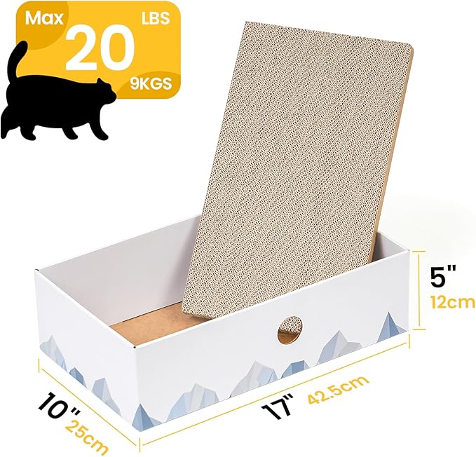 Conlun Cat Scratcher Box with Heavy-Duty Double-Sided Cardboard Pad, Cardboard Lounger, Interactive Hole Design, Cat Bed for Indoor Cats, White, Large
