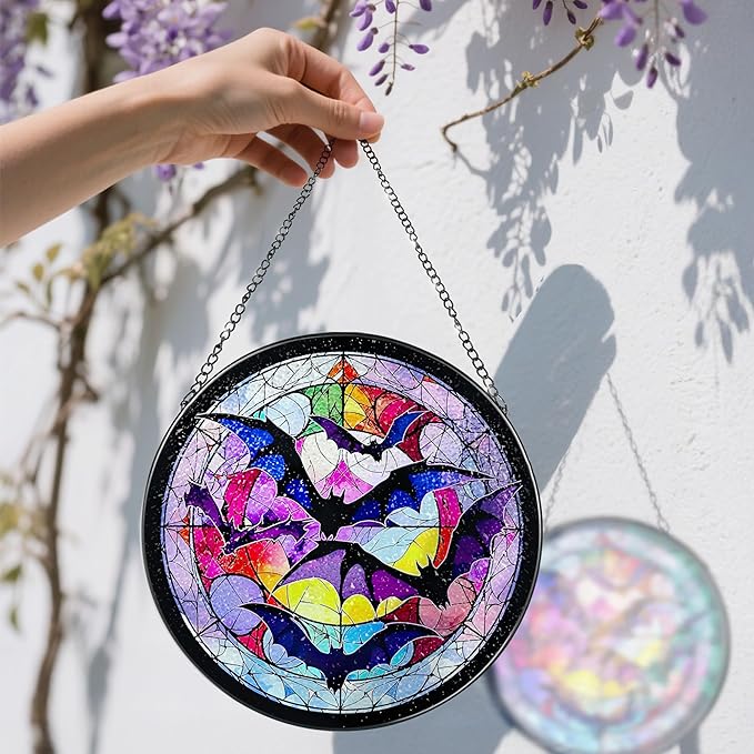 8 Inch Stained Glass Suncatcher Ornament, DOUHASU Bat Sun Catchers Indoor Window, Stained Glass Window Hanging, Home Decor, Bat Lovers Gifts for Him, Men