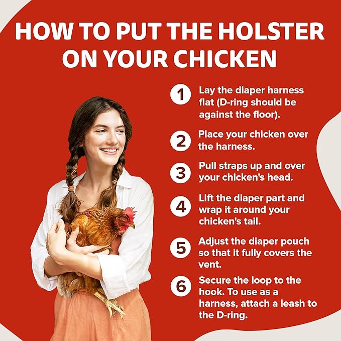 Hen Holster Premium Starter Kit - Bird Diaper, Wrap Around for Hens, Roosters, Ducks - Leak-Proof, Comfortable Bird Harness with Sewn-in Liner, Secure Hook & Loop Closure - S/M, Red Bandana