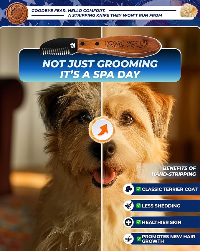 Stripping Knife for Dogs – Gentle Hand Stripping & Carding Knife for Terriers & Double-Coated Breeds, Solid Sapele Hardwood & Black Oxide Stainless Steel,Easy to Clean,Dog Grooming Tool(Right-Handed)