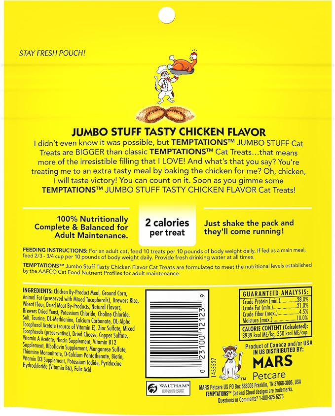 Temptations Jumbo Stuffed Cat Treats, Crunchy and Soft Cat Treats, Tasty Chicken Flavor, 5.3 oz. Pouch (Pack of 10)