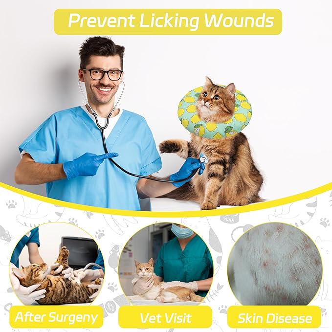 Seyezo Cat Cone Collar Soft, Adjustable Cat Recovery Collars to Prevent Licking, Cute Donut E Collar After Surgery, Wound Healing Elizabethan Collar for Kittens(Green Lemon, Large)