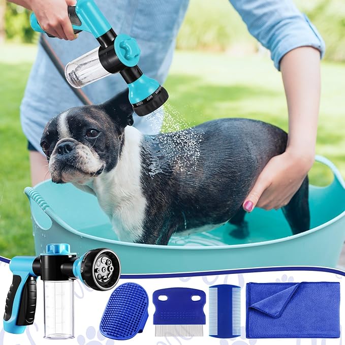 Baderke 10 Piece Dog Washing Hose Attachment Dog Hose Nozzle with Soap Dispenser Pet Shower Tool Set Dog Comb Bath Brush Towel Car Wash Mitt Brass Converter Tape for Pet Garden Car Washing (Blue)
