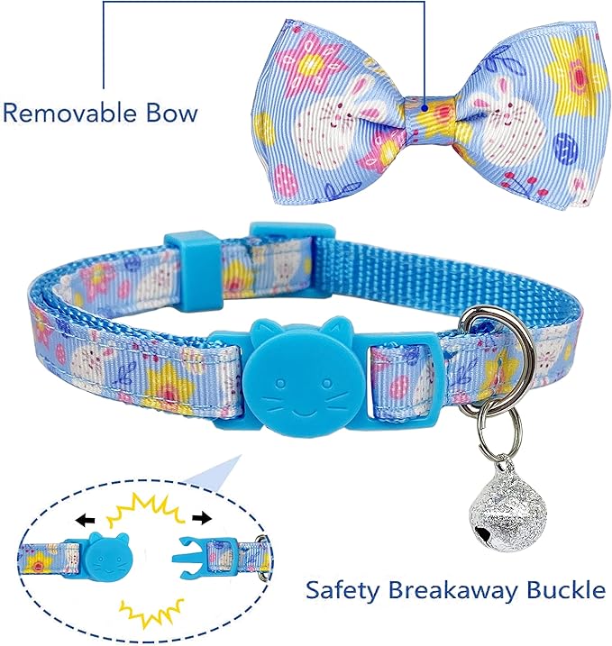 Easter Cat Collar with Bow Tie, Holiday 2 Pack Kitty Kitten Cute Bunny Carrot Collar for Girls and Boys (Bunny Peeps)
