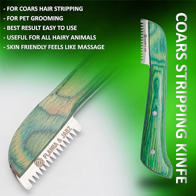 FLAMIA & JABZ FJ Professional Stripping Knife kit (6 pieces set) for Dogs & Pets, Wooden Handle Grip with Stainless Steel Blade (Right handed) (Green)