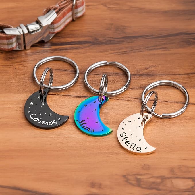 Anavia Small Size Dog Cat ID Tags, Small/XS Personalized Color Plated Stainless Steel Puppy Kitten Name Tags, Customized Engraved Nameplate Pet Collar Tag (Rose Gold, Moon)