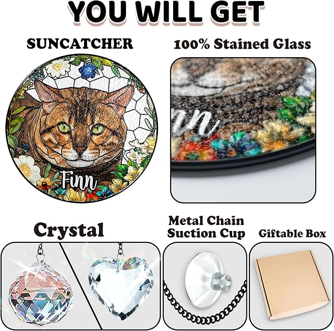 Personalized Pet Stained Glass Suncatcher Custom Name Dog Cat Photo Ornament Window Hanging Sympathy Gift for Loss of Pet Animal Memorial Bereavement Keepsake Remembrance Gift for Dog Lovers