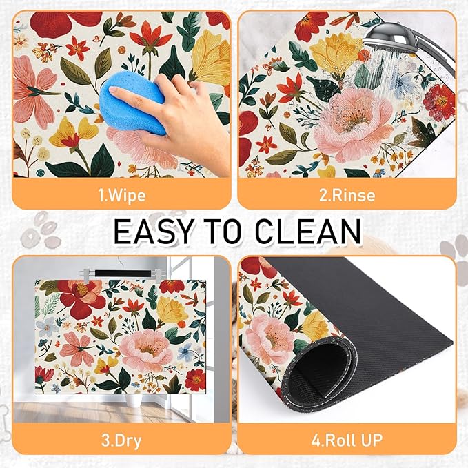 Pet Dog Cat Food Mat - Hamdwerk Absorbent Dog Bowl Mats for Food and Water, Anti Slip Cat Bowl Feeding Placemat for Floors, Quick Dry Diatomite Pet Dish Matts Supplies, Floral Style, 16 * 24in