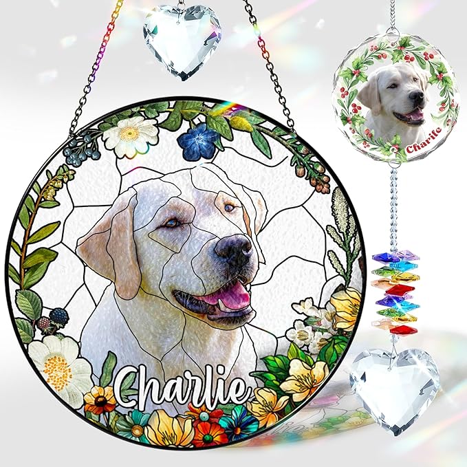 Personalized Pet Stained Glass Window Hanging, Dog Memorial Suncatcher Picture, Sympathy Gift for Loss of Pet, Cat Bereavement Keepsake Potrait Photo, Remembrance Gift for Dog Lovers