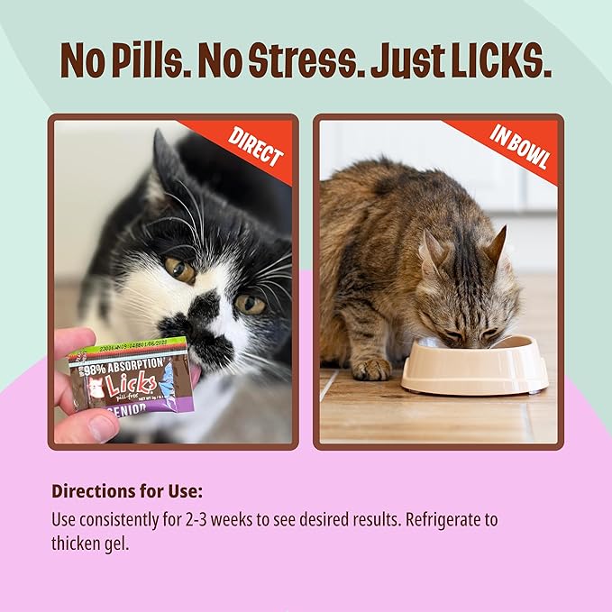 Licks Pill-Free Senior Cat - Joint Support & Digestion Supplement for Senior Cats - Immunity Vitamins & Heart Health Supplements for Older Cats - Gel Packets - 10 Use