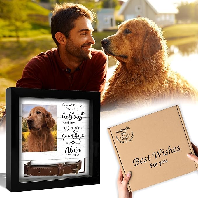 Personalized Pet Memorial Frame with Collar Holder, Engraved Pet Memorial Ornament, Dog Cat Sympathy Card, Loss of Dog Keychain Paw Prints Charm Sympathy Gift, Remembrance Gift for Cat Lovers