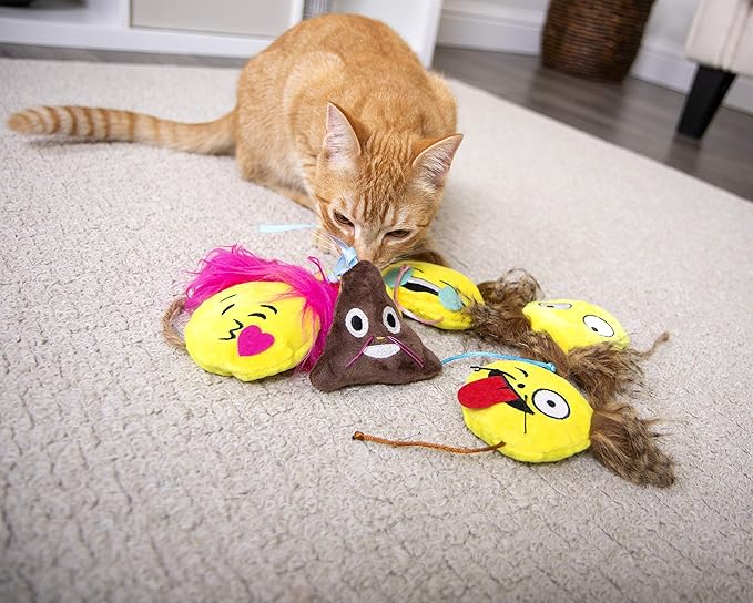 SmartyKat (6 Count) Mouse Moods Emoji Bundle Pack Plush Catnip Toys - Yellow/Brown, 6 Count