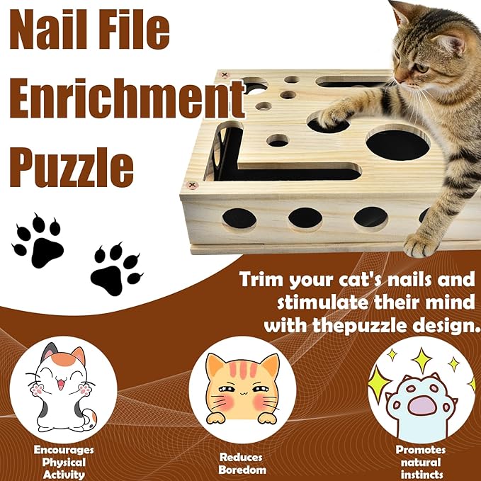 LUMIXA Reinforced Cat Nail File Scratcher Box with 8 Screws, Wooden Enrichment Puzzle Toy for Indoor Cats, Inside Sandpaper Claw Care & Furniture Protection (Assembly Guide Included)
