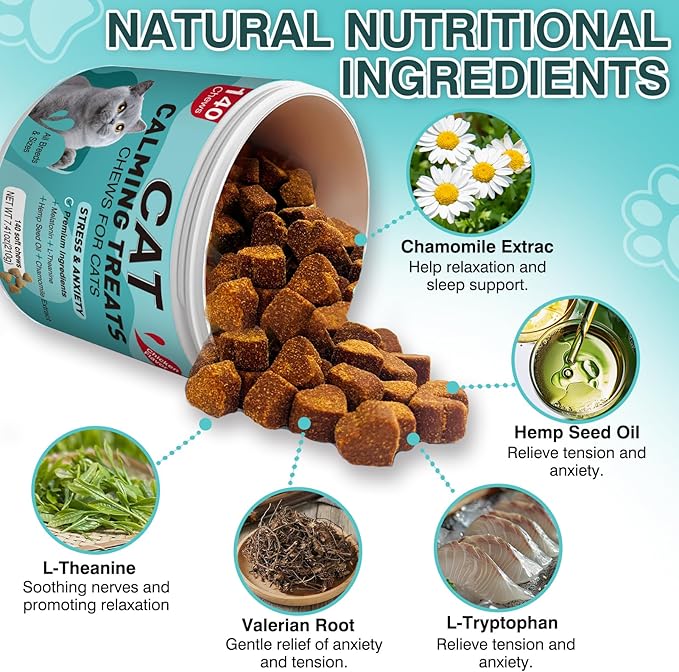 Cat Calming Treats, Calm Chews for Cats Pet Treats for Travel Boarding Foster Care Veterinary Visits Relieve Anxiety Prevent Bites by Cats Soothing for Indoor Kitten 7.41 OZ