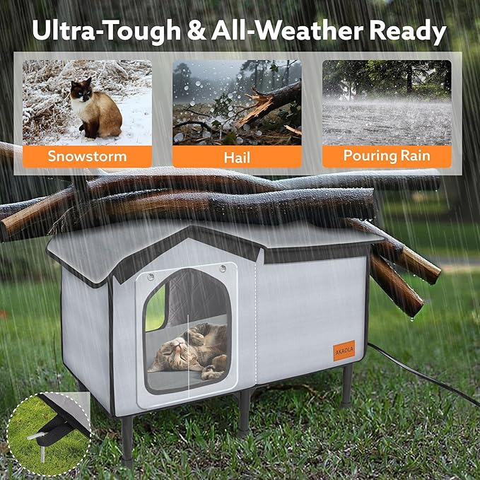 Outdoor Cat House Heated for Outside Winter 100% Waterproof Oxford Tarpaulin with Safe Escape Door and 5" Elevated Base with Heater for Feral Barn Cat Kitty (26“x20”x14“)