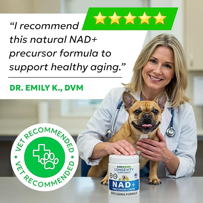 BARK&SPARK NAD+ for Dogs - Advanced Longevity Formula for Healthy Aging - Resveratrol, Quercetin & Nicotinamide - NMN Alternative for Senior Dog Vitality & Brain Health - Peanut Butter - 90 Ct