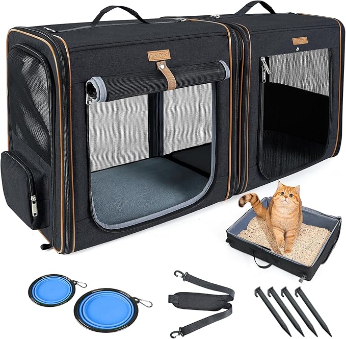Lekereise Extra Large Cat Carrier for 2 Cats, 2-in-1 Cat Travel Carrier with Litter Box, (20.85" x2) x19.7"x19.7" Pet Carrier with Zipper Locks for Moving Across The Country (No Hammock) - Black