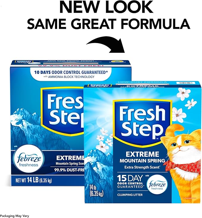 Fresh Step Extreme Clumping Litter with Febreze Freshness, Mountain Spring Scent Clumping Cat Litter with Guaranteed Odor Control, 14 lb. Box (Pack of 2)