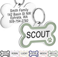 GoTags Stainless Steel Pet ID Bone Round and Heart Shaped Tags with Enamel Paw Design, Personalized Dog and Cat Tags, up to 5 Lines of Custom Text, Engraved on Both Sides (Sage, Small Bone)