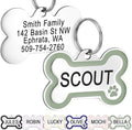 GoTags Stainless Steel Pet ID Bone Round and Heart Shaped Tags with Enamel Paw Design, Personalized Dog and Cat Tags, up to 5 Lines of Custom Text, Engraved on Both Sides (Sage, Regular Bone)