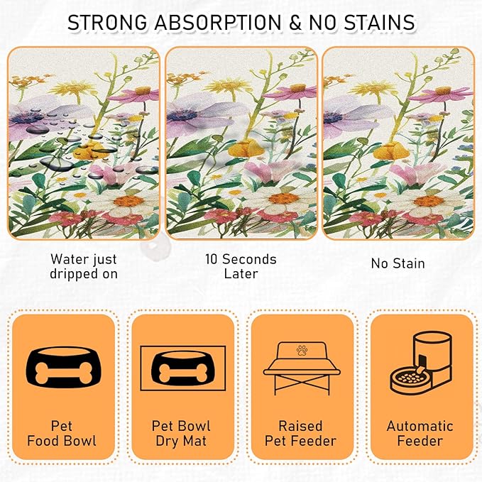 Dog Cat Food Mat - Absorbent Anti Slip Dog Bowl Mats for Food and Water, Quick Dry Cat Feeding Matts for Floors, Diatomite Pet Dish Placemat Accessories Supplies, Wildflower Style, 17 * 30in