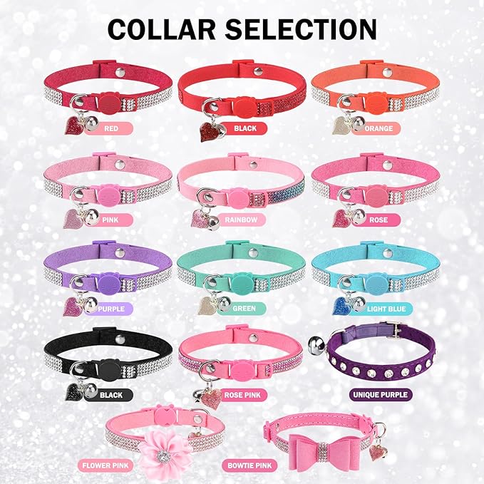 Rhinestone Cat Collar with Bow, Breakaway Elegant Female Diamond Cat Collars with Bell, Pink Leather Sparkly Bowtie Pet Collar for Girl Boy Small Kitten Puppy with Safety Buckle, 8-12"