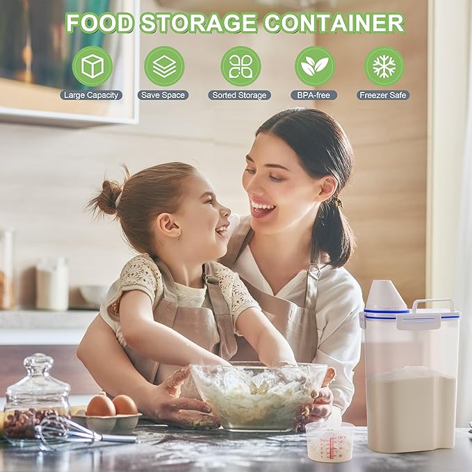 4 Pcs Set Rice Storage Container 5.5lb, Rice Dispenser with Measuring Cup & Pour Spout for Flour Pasta Grain Pet Dog Cat Bird Food Storage Container