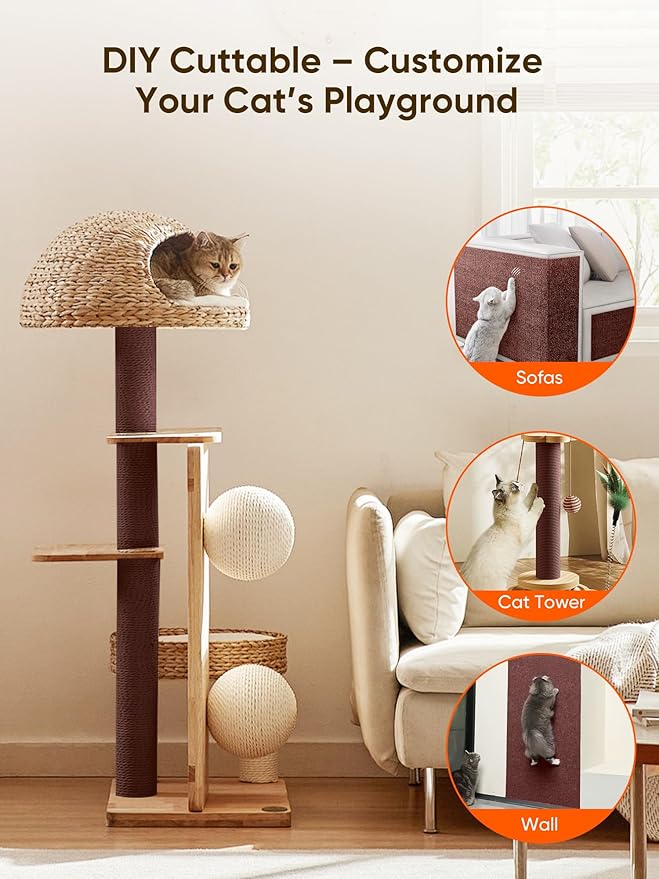 Cat Scratch Mat Furniture Protector, Eco-Friendly DIY Trimmable Self-Adhesive Cat Scratching Pad, Couch Wall Sofa Guard, Reusable Claw Scratching Protector 78.7"x15.8" (Brown)