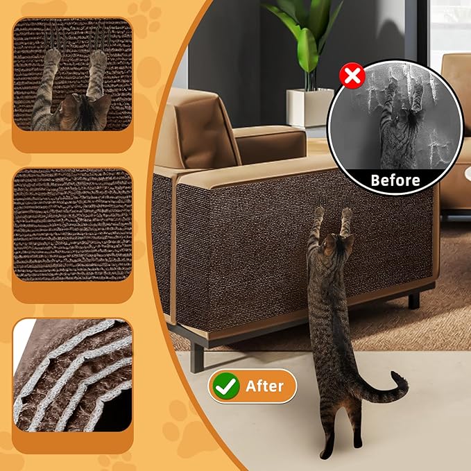4pack Cat Scratch Couch Furniture and Wall Protector | Adhesive Cat Scratch Pad for Covering Cat Tower, DIY Climbing Cat Scratcher Couch Protector from Cat Claws Scratching (Brown)