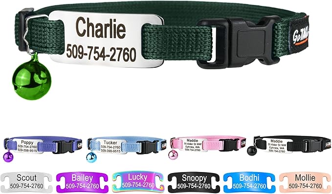 GoTags Personalized Cat Collars with Tag, Engraved Custom Cat Collar with Name and Phone, Breakaway Collar with Safety Buckle and Bell, Adjustable for Cats and Kitten (Hunter Green with Nameplate)