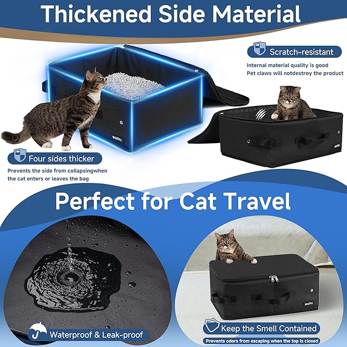Portable Cat Travel Litter Box with Lid and 10 Pcs Disposable Liner Bags, Leak-Proof & Collapsible, Easy Clean Odor-Control Cat Travel Essentials for Car, Hotel, Airplane, Camping,Trips Black