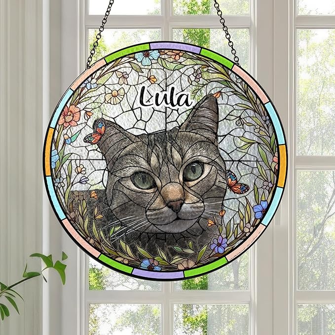 Custom Pet Memorial Sun Catcher, Glass Window Hanging with Photo, Floral Tribute Keepsake, Sympathy Gift for Dog or Cat Loss 2