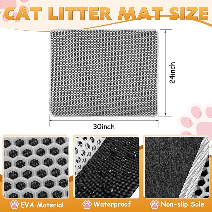 Cat Litter Mat, Honeycomb Double Layer Waterproof & Urine Resistant Non-Slip Litter Trapping, Easy Clean Washable Scatter Control for Litter Box (Gray, 30x24 Inch)