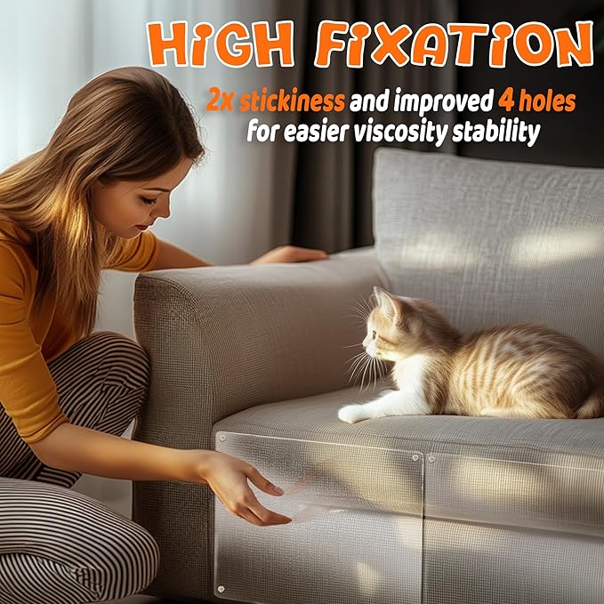 THLHKD Cat Scratch Furniture Protector: 16 Pcs Single Side Couch Protector from Cat Claws with 4 Holes, Easy to Stick & Fix, Furniture Protectors from Cats Scratching(16P+70 Pins)