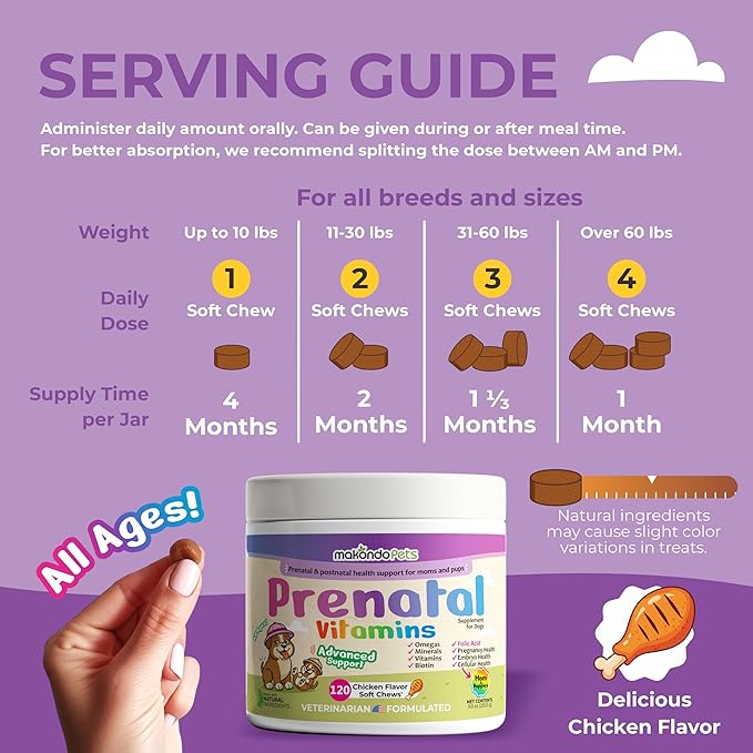Dog Prenatal Vitamins – 120 Soft Chews Multivitamin, Folic Acid, Zinc, B-Complex, DHA & EPA Omegas and Probiotics Supplement for Pregnant, Nursing Breastfeeding pet – Mom & Puppy Vitamin Formula.