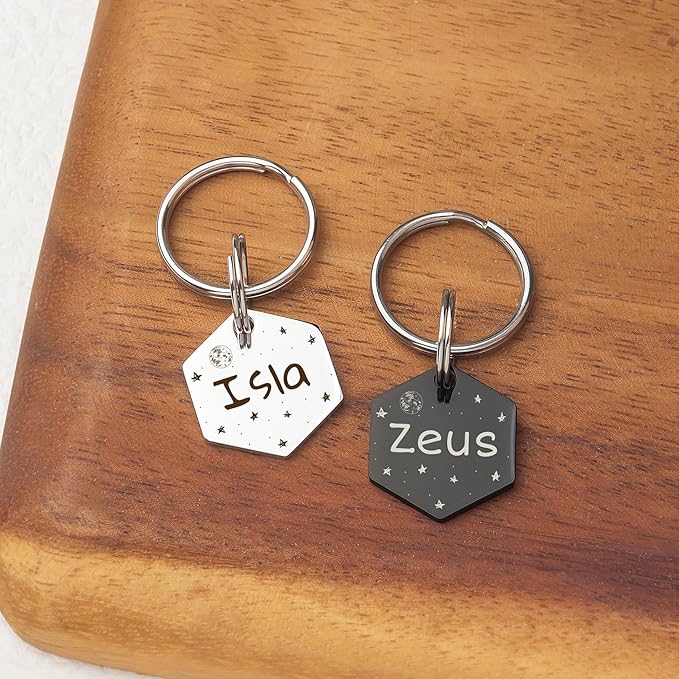 Anavia Small Size Dog Cat ID Tags, Small/XS Personalized Color Plated Stainless Steel Puppy Kitten Name Tags, Customized Engraved Nameplate Pet Collar Tag (Black, Hexagon)