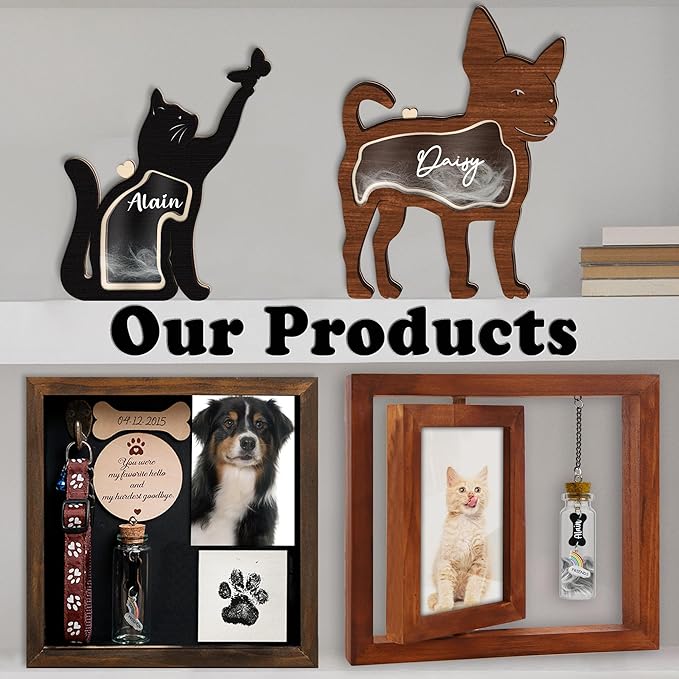 Pet Memorial 4x6 Picture Frame Wooden Rotating Walnut, Cat Remembrance Gifts, Pet Dogs Hair Keepsake Fur Jar Rainbow Bridge No Longer By My Side Heart Tag, In Loving Sympathy Animal Loss Gift PR-3W