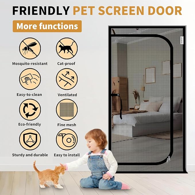 Cat Screen Door 51x87'' Reinforced Cats Resistant Mesh Screen Door with Zipper Closure, Pets Scratch Proof Screen for Living Room, Bedroom, Patio, Fits Openings 49x85''