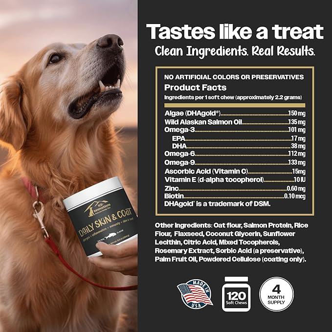 K9-Innovations - Daily Skin & Coat Dog Chews Salmon Flavor - Reduce Itching & Paw Chewing, Omega 3 & VIT C for Skin Health - 1-4 Month Supply (120qty)