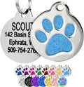 GoTags Paw Print Round Stainless Steel Pet Tag for Dogs and Cats, Personalized with 4 Lines of Custom Engraved ID Name and Number, in Stainless Steel and 15 Colors Small and Large, Glitter Light Blue